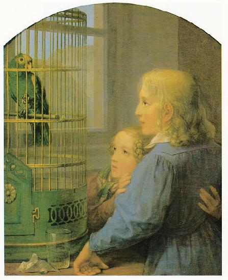 Georg Friedrich Kersting Zwei Kinder vor einem Papageienbauer oil painting image